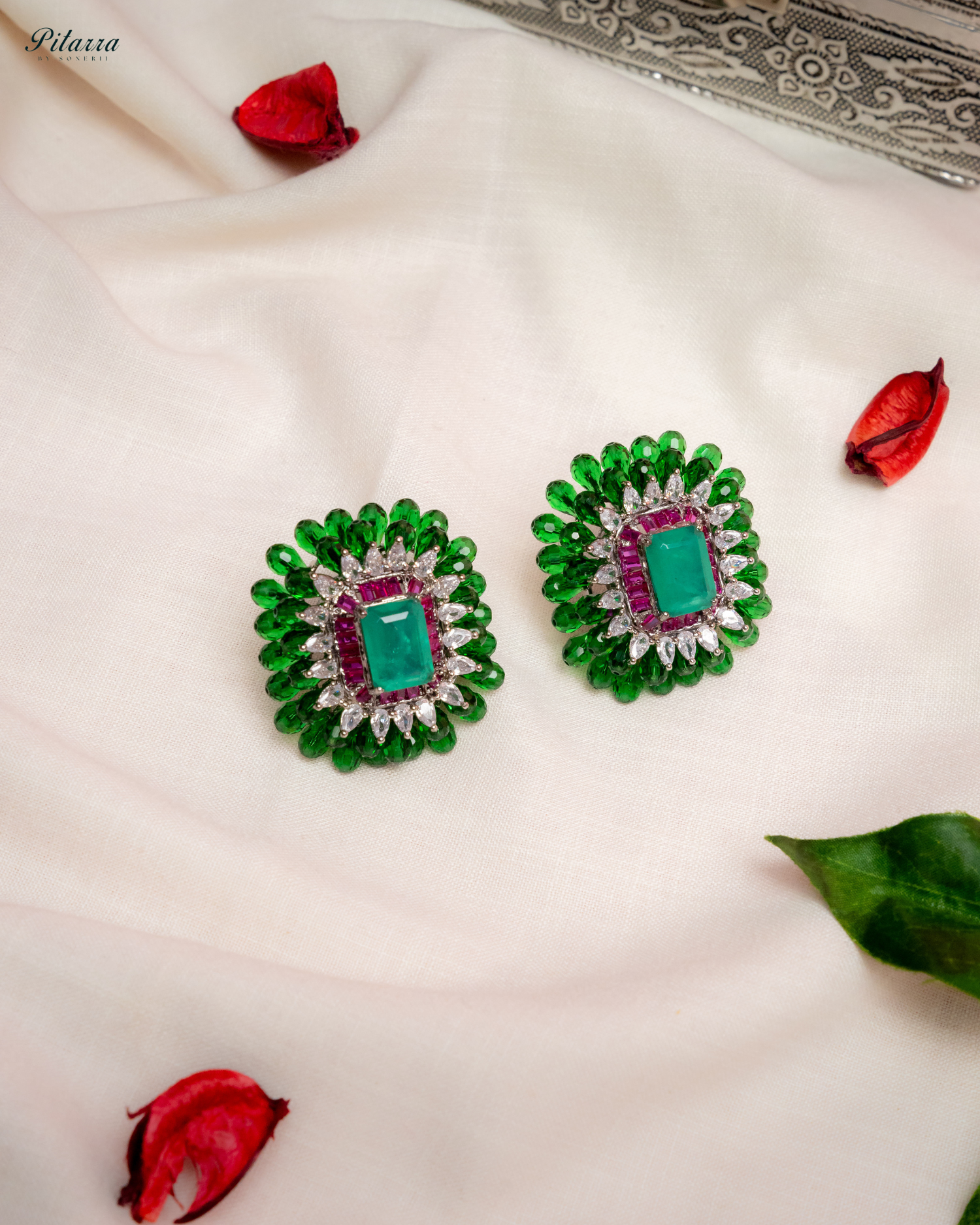 Turquoise and Green Emerald Studs Earrings