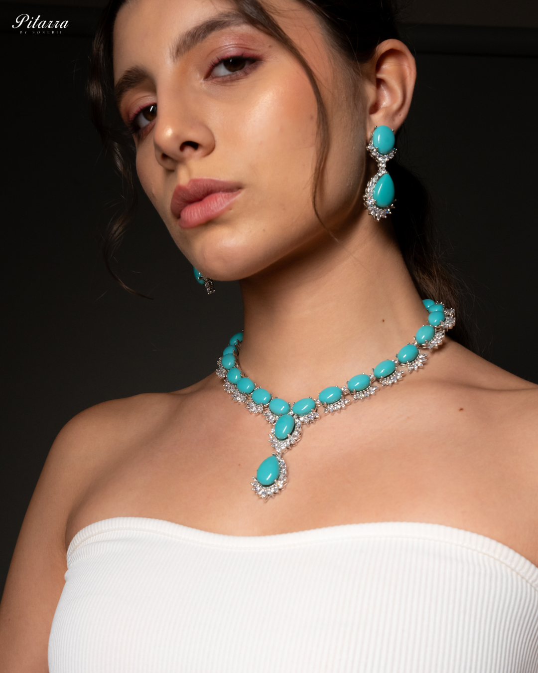 Turquoise Blue Zircon Silver Necklace Set