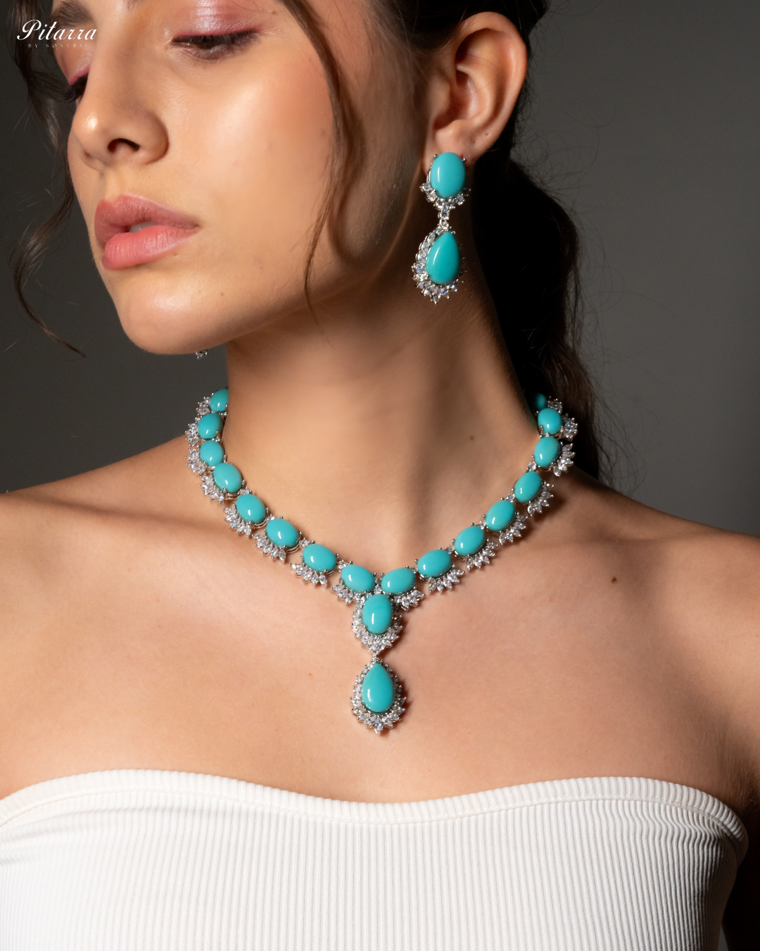 Turquoise Blue Zircon Silver Necklace Set