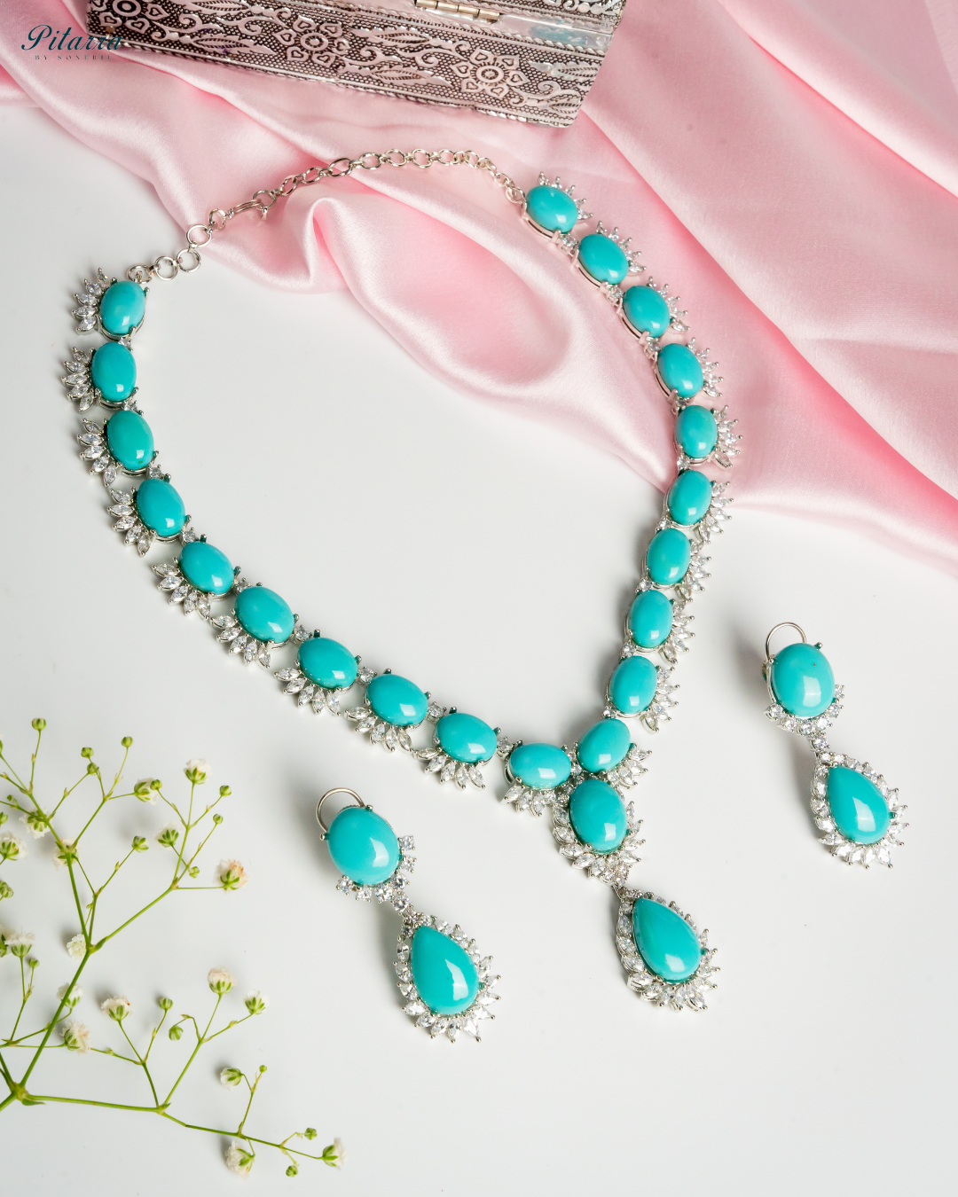 Turquoise Blue Zircon Silver Necklace Set