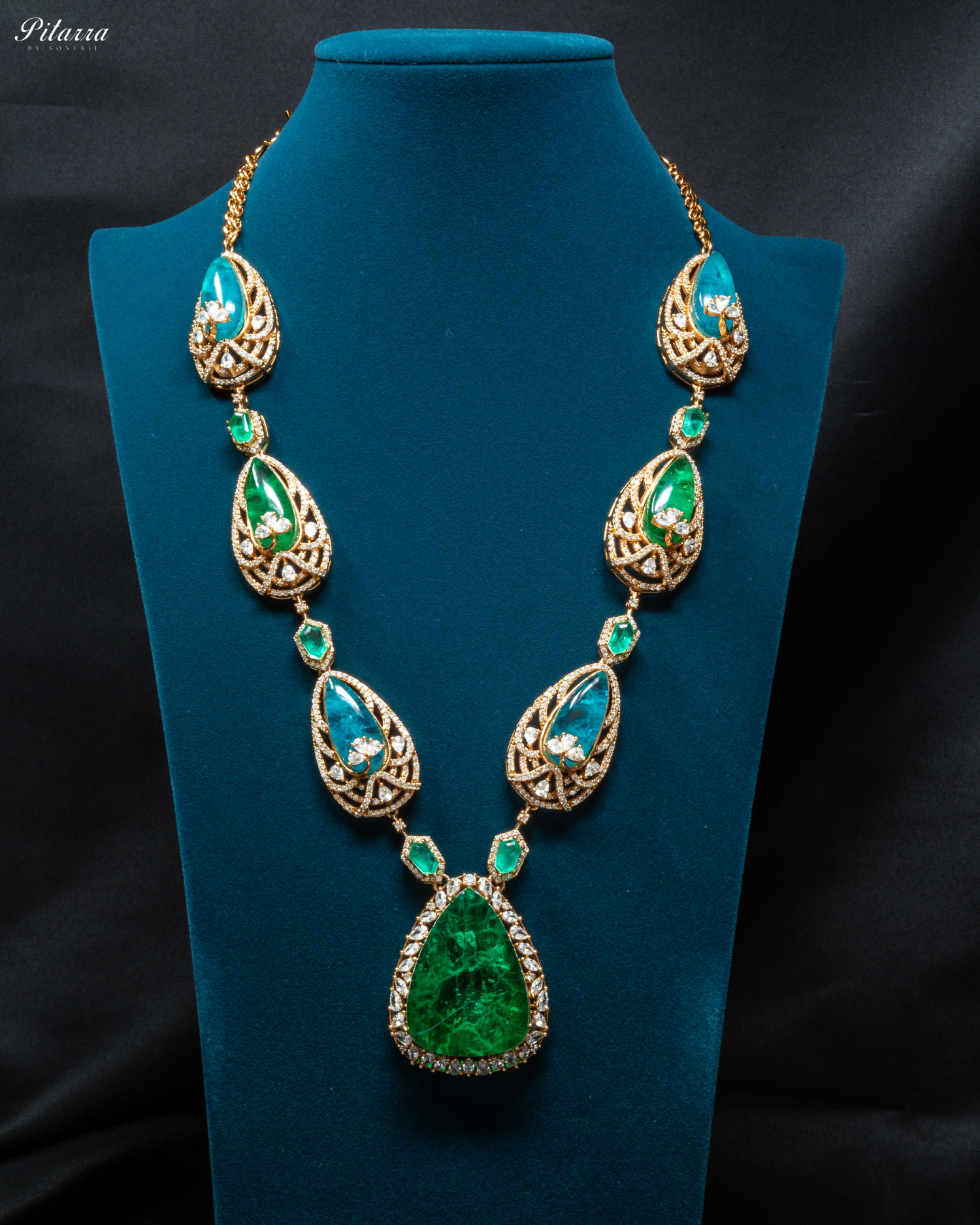 Blue and Green Doublet Stone with CZ Necklace Set