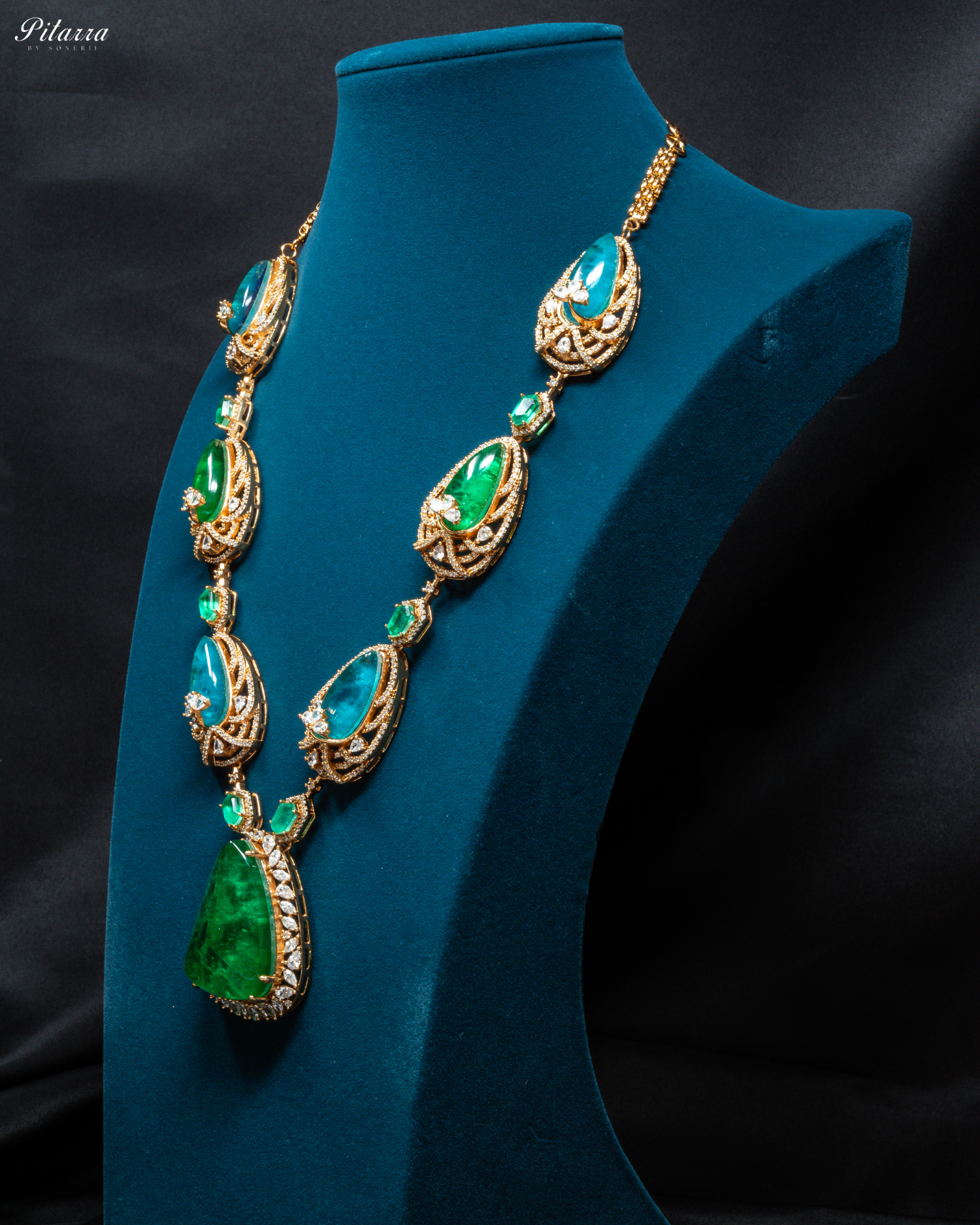 Blue and Green Doublet Stone with CZ Necklace Set