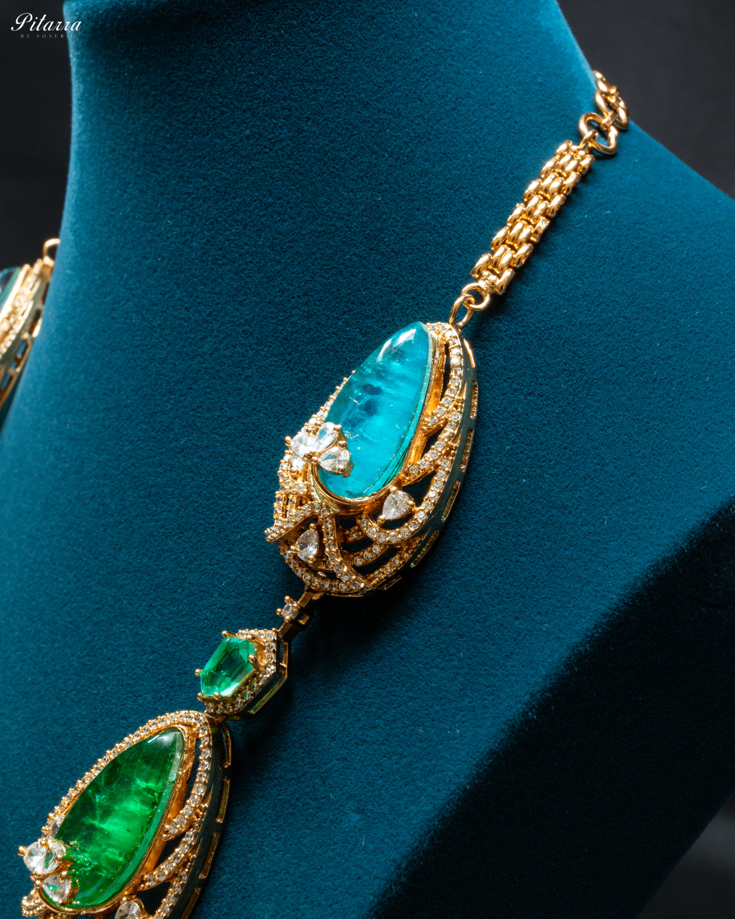 Blue and Green Doublet Stone with CZ Necklace Set