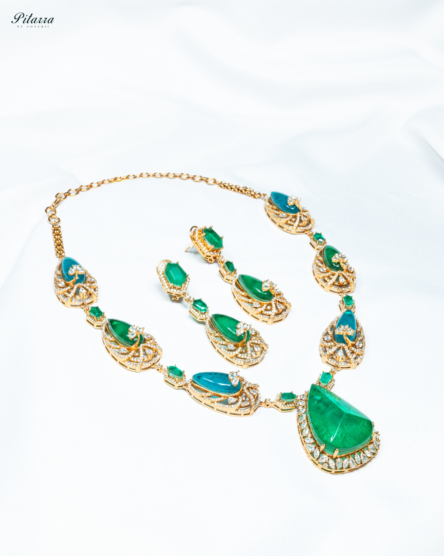 Blue and Green Doublet Stone with CZ Necklace Set