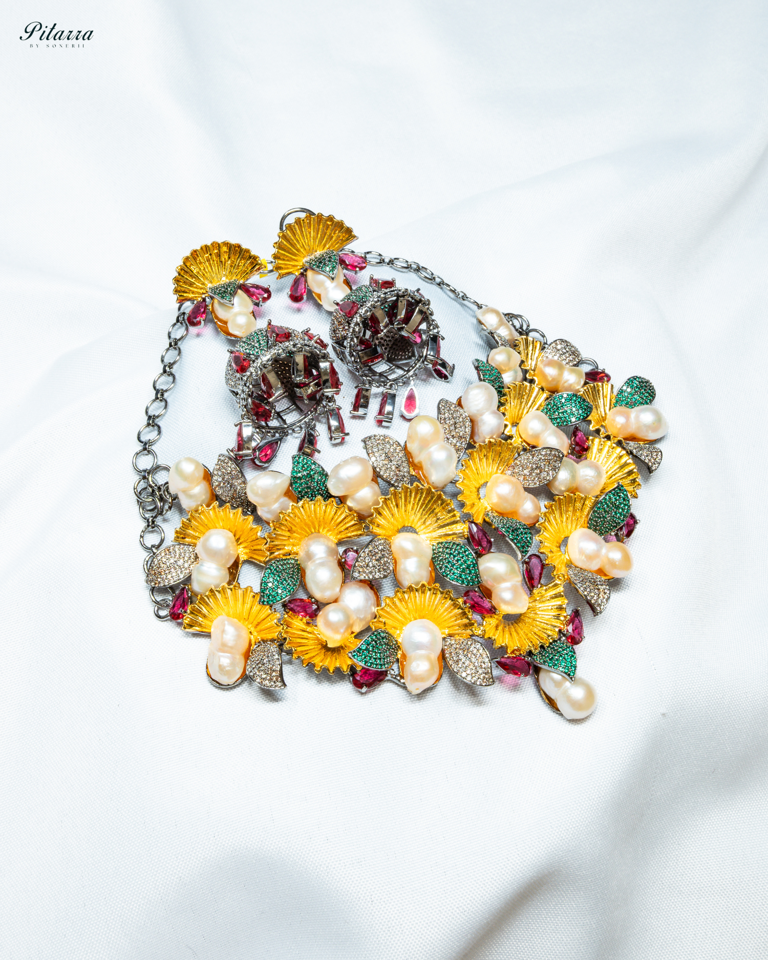 Yellow Floral Peach Pearls Fusion Set